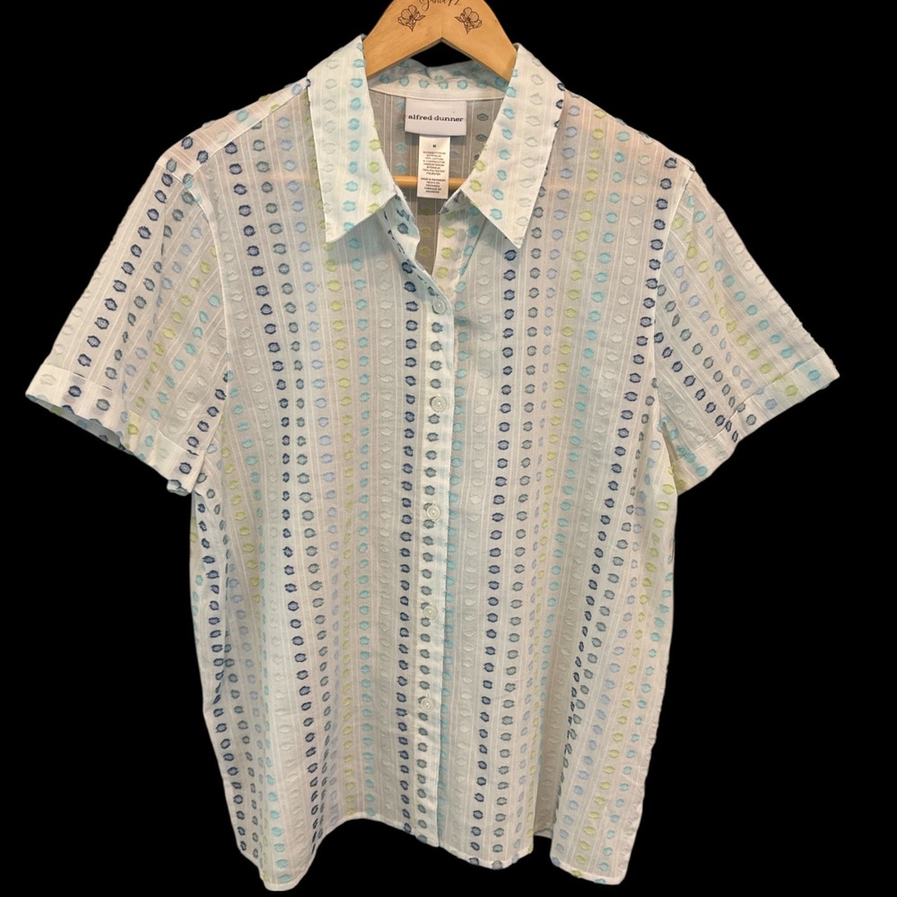 NWT Alfred Dunner Short Sleeve Button Up Shirt Polka Dot Sz M Grandmacore Breezy
